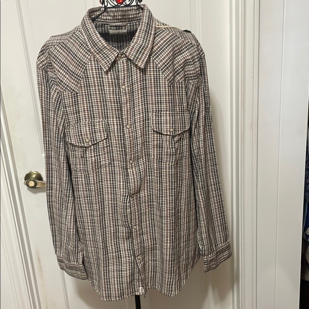 🥸🥸🥸3 for 12$🥸🥸🥸Brown and White Casual Pearl Snap Button Down Shirt-XXL